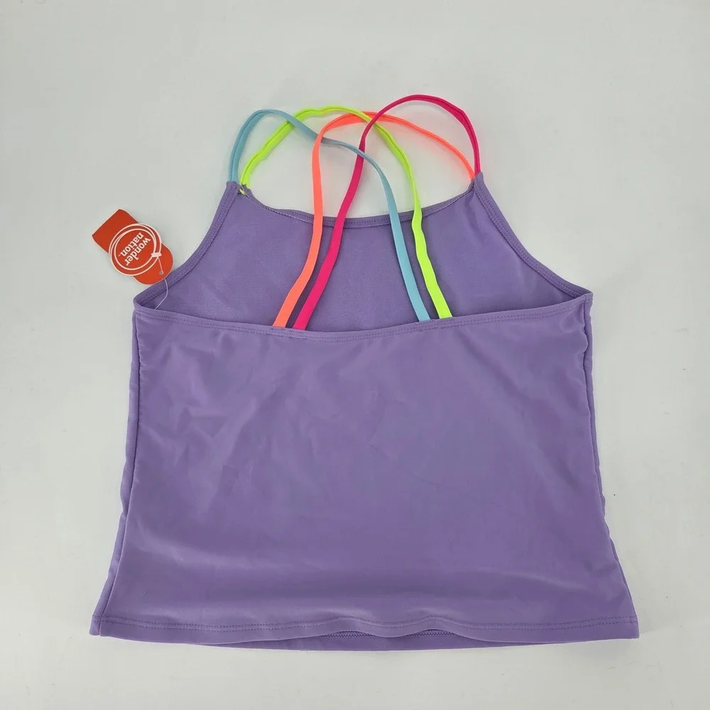 Wonder Nation Girls Purple Tankini Swimsuit Set Neon Straps XXL 18 UPF 50+ NEW